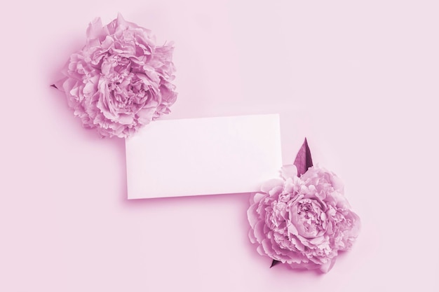 Invitation or greeting card mockup with delicate pink peonies frame and empty blank