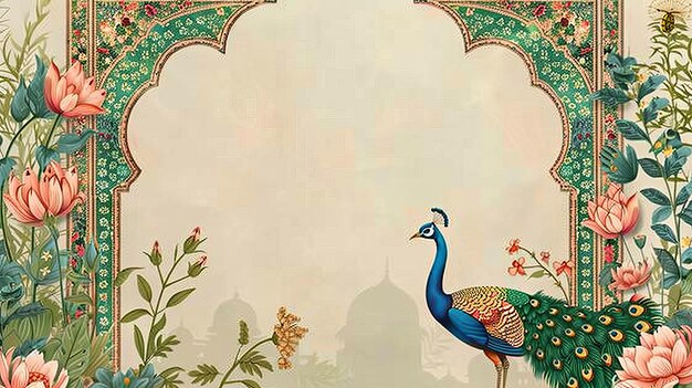 Photo invitation illustration featuring indian mughal floral garden with arch and peacock