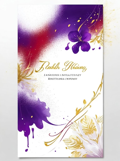 Photo invitation template for a festive party with bright multicolored confetti falling on a violet background