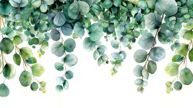 An invitation wedding or greeting card banner with green eucalyptus leaves and branches