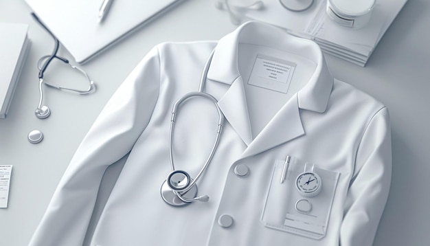 an invitation with a minimalist 3D rendering of a doctors white coat and badge