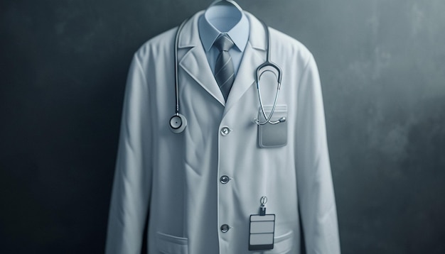 an invitation with a minimalist 3D rendering of a doctors white coat and badge