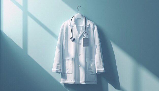 an invitation with a minimalist 3D rendering of a doctors white coat and badge