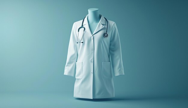 an invitation with a minimalist 3D rendering of a doctors white coat and badge