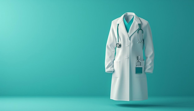 an invitation with a minimalist 3D rendering of a doctors white coat and badge