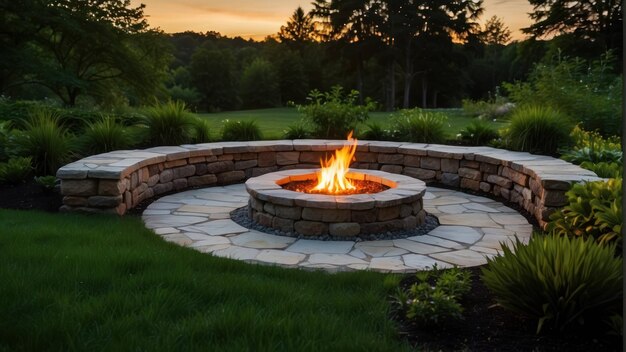 Inviting backyard fire pit under evening sky