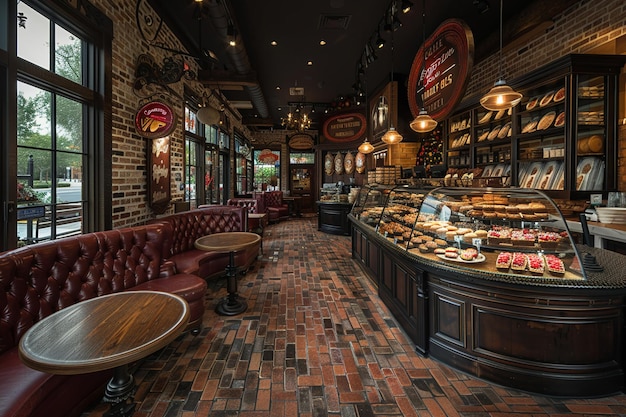 Inviting bakery with a display case full of treats and cozy seating