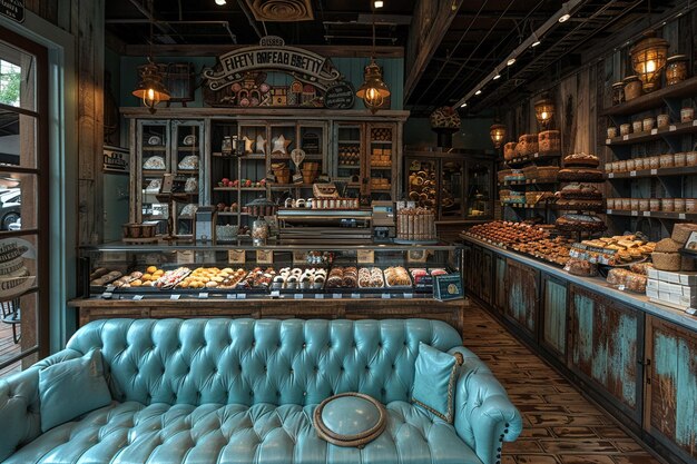 Photo inviting bakery with a display case full of treats and cozy seating