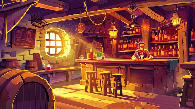 Foto inviting banner to vintage tavern featuring pub interior and man drinking beer modern illustration of rustic pub with wooden table barrel and alcohol bottles