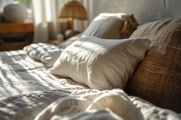 太陽 に 浸かっ た 枕 と 田舎 の 編み物 の 細部 を 備え た 魅力 的 な ベッド