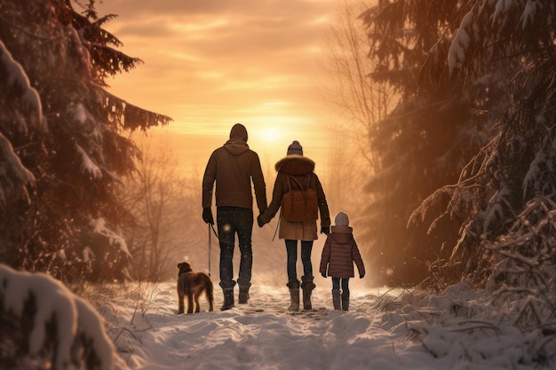 Inviting Family forest winter sunset Park fun child Generate Ai