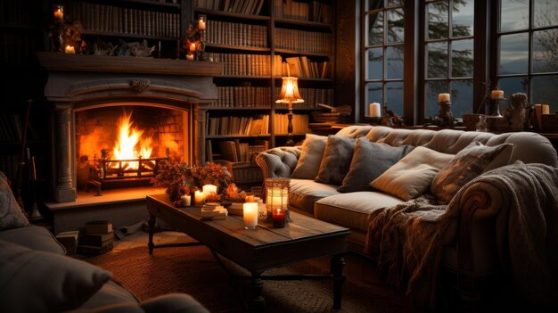 An inviting fireplace room the fire crackling softly a thick rug on the floor and a stack of book