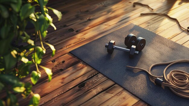 Photo inviting fitness scene featuring a yoga mat jump rope and dumbbells on a warm wooden floor ai generative