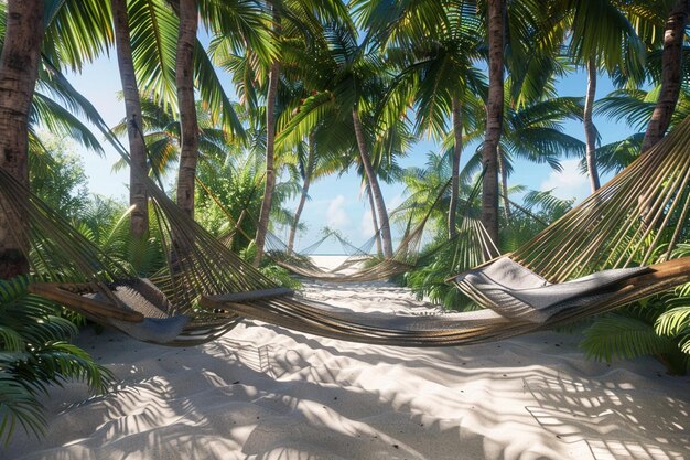 Photo inviting hammocks strung between palm trees on san