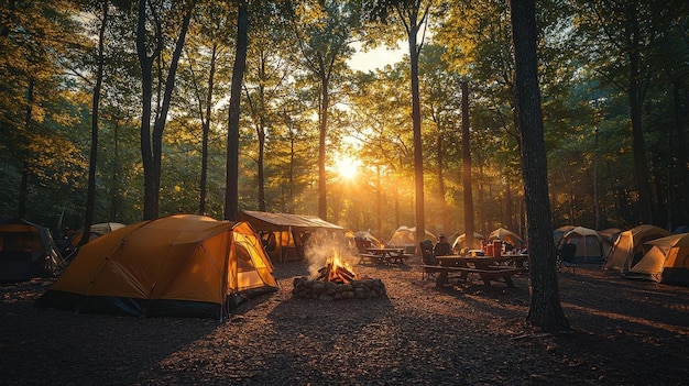 An inviting image of a Labor Day camping trip with tents campfires and people enjoying the great outdoors
