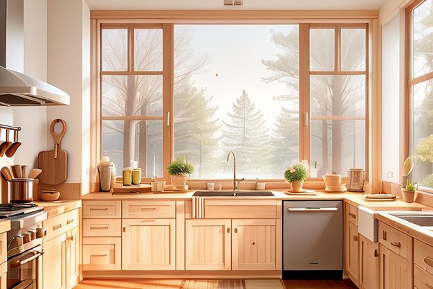 Inviting kitchen with a minimalist approachfeaturing warm wood accents wooden color rendering image