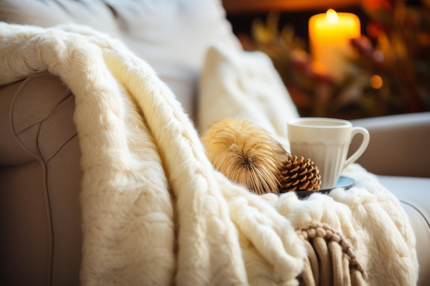 写真 暖かいベージュのソファと暖かい毛布で装飾された快適なリビングルーム