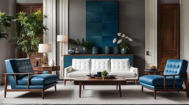 An inviting living room oasis with sleek white couches vibrant blue chairs and a variety of stylish