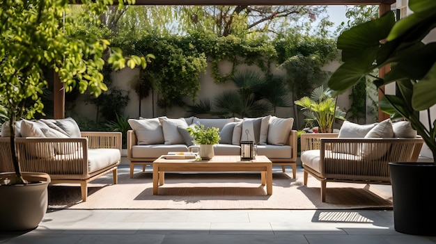 An inviting outdoor patio with cozy furniture decorative cushions and lush greenery