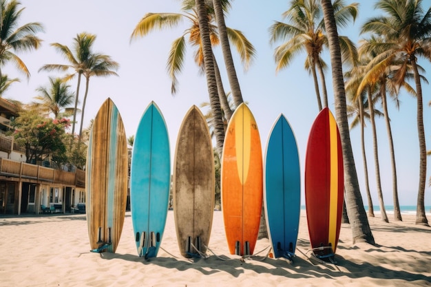 Photo inviting row of surfboards on beach generate ai