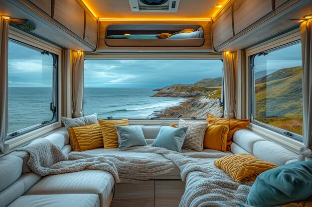 Photo inviting rv interior with ocean view