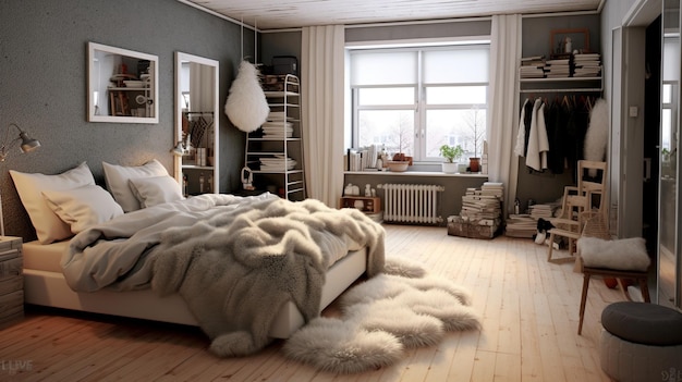 An inviting Scandinavian bedroom with layers of cozy textiles such as faux fur rugs knit blankets