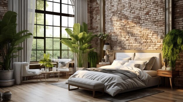 Привлекательная сцена эклектичного интерьера спальни с тропическими растениями, белыми кирпичными стенами и теплым деревянным полом. Идеально подходит для демонстрации современной жизни с прикосновением зелени.