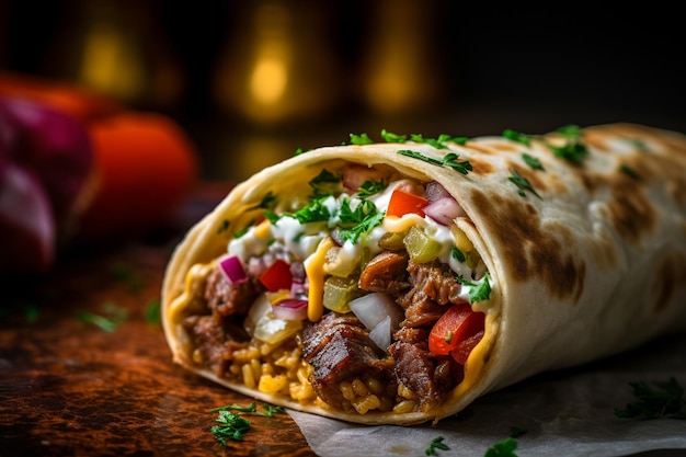 An inviting shawarma wrap showcasing tantalizing fillings demonstrating rich colors and textures