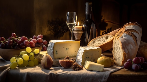 Inviting Spread of Crusty Bread and Fine Wine