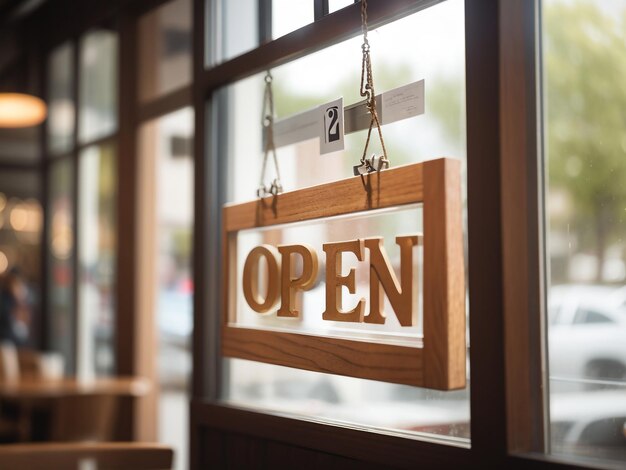 Inviting Welcome Open Sign on Wooden Board Through the Glass Window