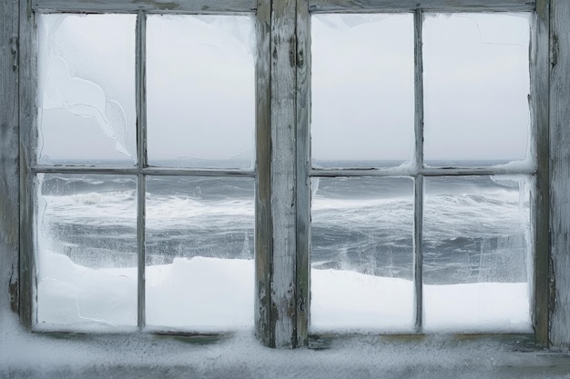 魅力的な海の景色を眺める窓 静かで平和な囲気を生み出す 寒い冬の嵐を眺める 凍った窓