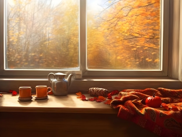 An inviting window sill adorned with the warm colors of autumn generative ai