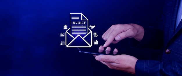 invoice and online digital statements concept using touch with invoice icons on virtual screen financial report and bank management with online payment concept einvoice invoice