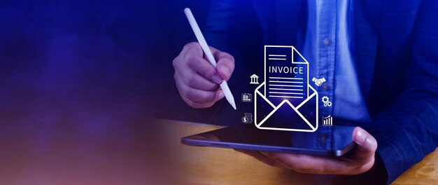 invoice and online digital statements concept using touch with invoice icons on virtual screen financial report and bank management with online payment concept einvoice invoice