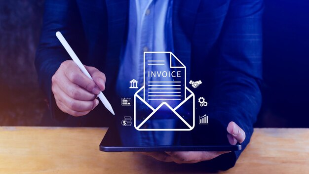 invoice and online digital statements concept using touch with invoice icons on virtual screen financial report and bank management with online payment concept einvoice invoice