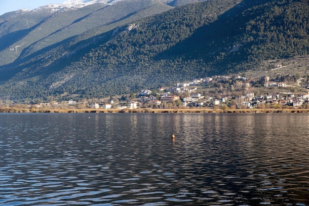 Ioannina stad Pamvotis Lake Epirus Griekenland Giannena stad besneeuwde bergtop achtergrond