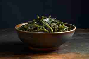 Photo iodinerich bladderwrack seaweed in ceramic bowl ideal diet herb with dried flakes grains and