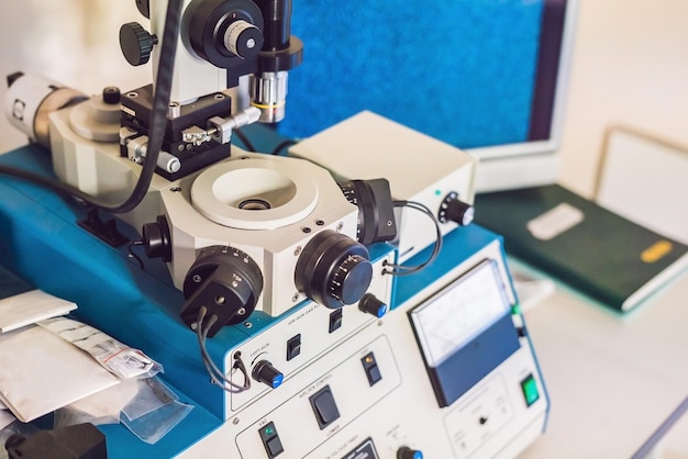 Ion etching system for solid samples preparation for electron microscope investigation.