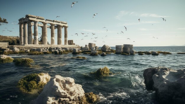 Ионические колонны затопленных греческих храмовых руин с морскими чайками над головой