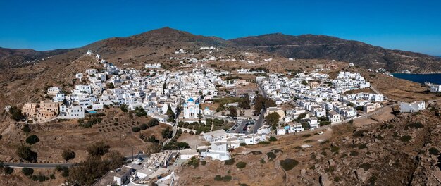 Ios island Greece Cyclades Panoramic aerial drone view of Chora town