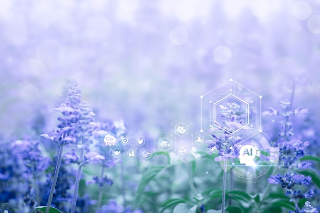 Foto iot con l'icona del concetto di tecnologia ai futuristica sullo sfondo della natura blured medicina energetica sostenibile rimedi erboristici naturali applicazione agricoltura analisi del rapporto sui big data del metaverso