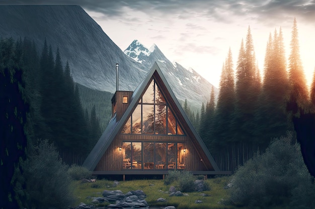 Ious aframe cabin with large windows and staircase against backdrop of mountains