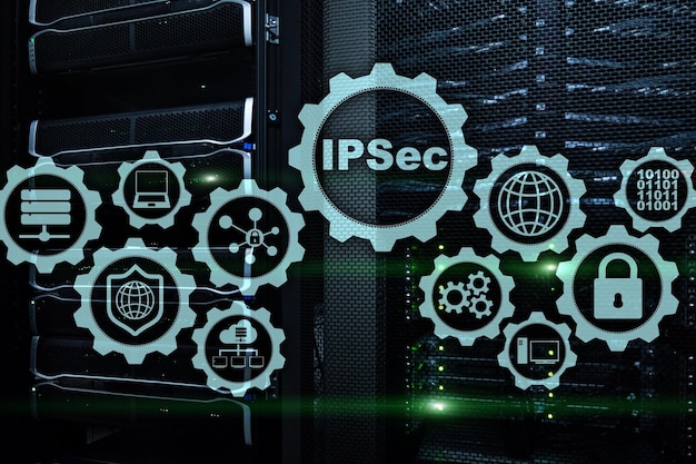 IP-beveiliging. Protocollen voor gegevensbescherming. IPSec. Internet en beschermingsnetwerk concept.