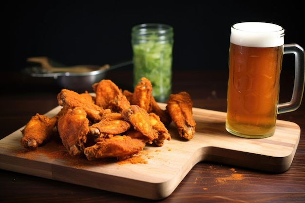 Photo ipa in a frosted glass wings on a chopping board with knife nearby