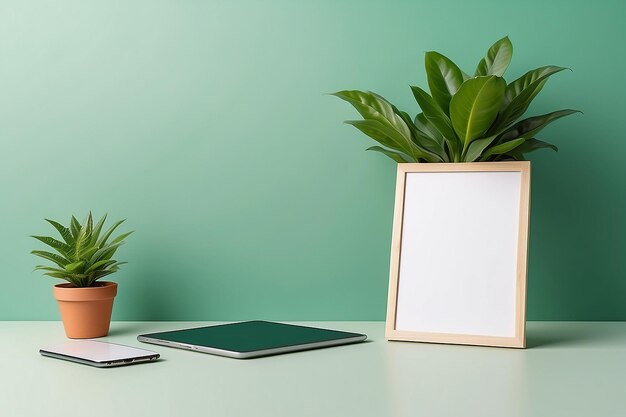 Ipad mock up en plant in hipster stijl op groene achtergrond Kopieer ruimte Mock up sjabloon Zakelijke communicatie