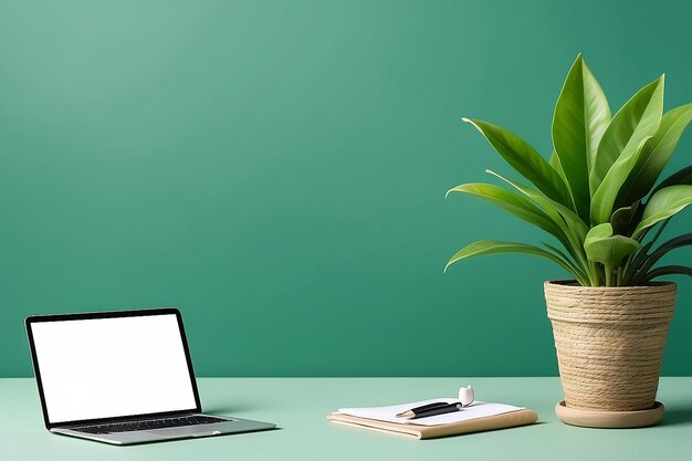 Ipad mock up en plant in hipster stijl op groene achtergrond Kopieer ruimte Mock up sjabloon