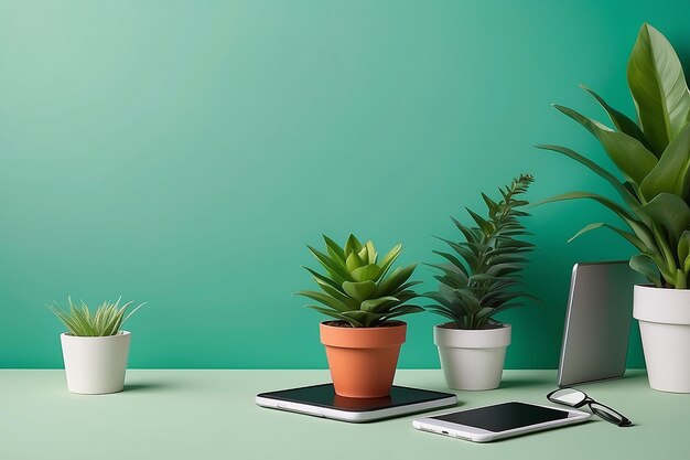 Ipad mock up en plant in hipster stijl op groene achtergrond Kopieer ruimte Mock up sjabloon