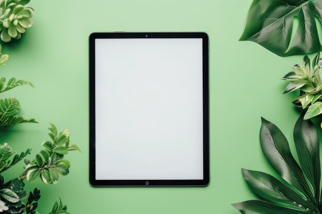 Photo ipad mock up and plant in hipster style on green background copy space mock up template business com