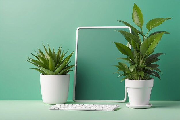 Ipad mock up and plant in hipster style on green background Copy space Mock up template Business communication