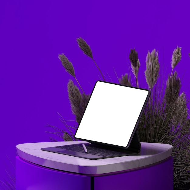 Photo ipad mockup with a purple background showcasing a podium and potted plants